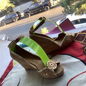 Jack Rogers Tan and Gold Wedge Sandals